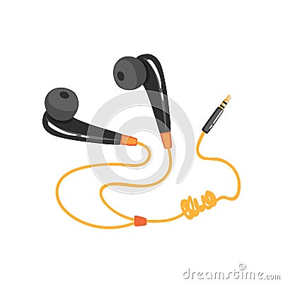 Black earphones with adapter cord, music technology accessory cartoon vector Illustration Vector Illustration