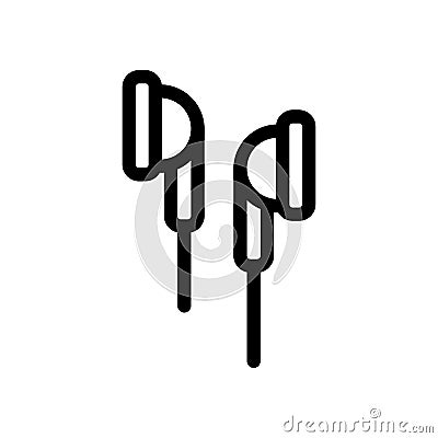 Black earphones icon. concept of meloman items, earbud, ear plugs, multimedia, hipster lifestyle, tune. isolated on white Vector Illustration