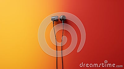 Black earphones on vibrant orange and red background, with copy space. Generative AI Stock Photo