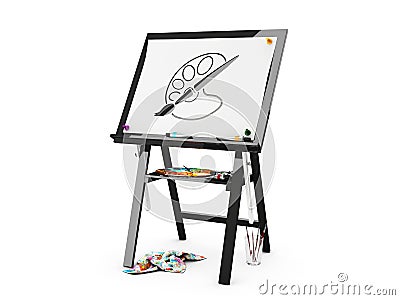 Black easel with paint palette and brushes, white, 3d illustration Cartoon Illustration