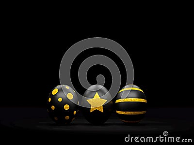 Black Easter Eggs with Gold spots in a Minimalism Black Background Stock Photo