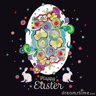 Black easter greeting card with floral decoration. Vector Illustration