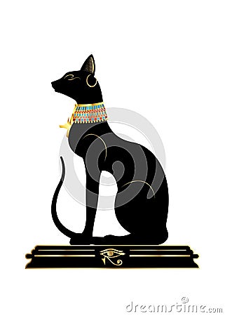 Black Egyptian cat. Bastet, ancient Egypt goddess, statue profile with Pharaonic gold jewelry, vector Illustration isolated Vector Illustration