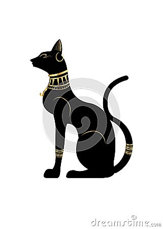 Black Egyptian cat. Bastet, ancient Egypt goddess, statue profile with Pharaonic gold jewelry, vector Illustration isolated Vector Illustration