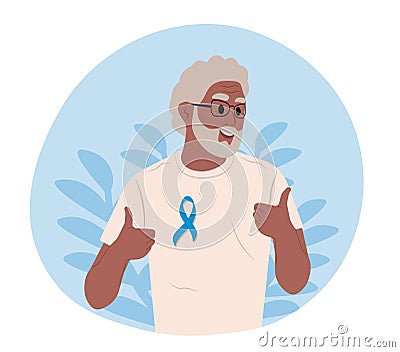 A black elderly man and a symbol of mens health. Prostate cancer awareness ribbon with. Flat vector illustration. Cartoon Illustration