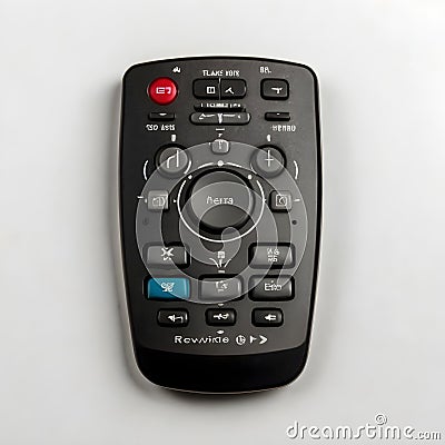 A Black Electronic Remote Control with Numerous Buttons and Symbols, Featuring a Central Circular Navigation Pad Stock Photo