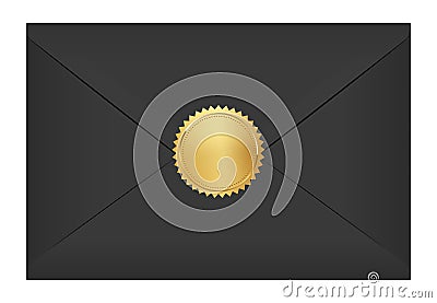 Black elegant envelope with gold stamp. Blank mail paper card mock up vector illustration. Realistic modern empty Vector Illustration