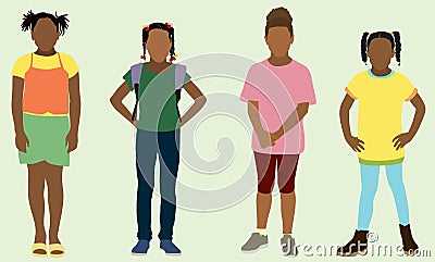 Black Elementary School Girls Vector Illustration