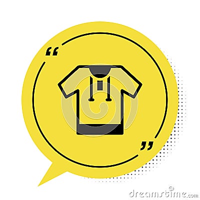 Black Embroidered shirt icon isolated on white background. National ukrainian clothing. Yellow speech bubble symbol Vector Illustration