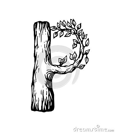 Black engraving Letter P made of wood with leaves on the white background Vector Illustration