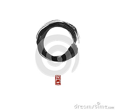 Black enso zen circle on white background. Traditional Japanese ink wash painting sumi-e. Stock Photo