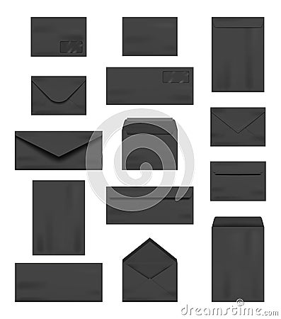 Black envelopes. Luxury dark template of a4 business letters opening and closed premium office envelopes decent vector Vector Illustration