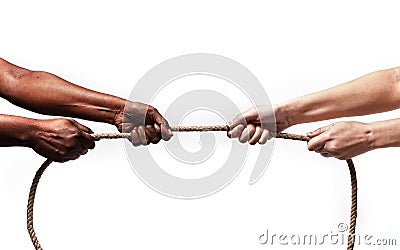 Black ethnicity arms with hands pulling rope against white Caucasian race person in stop racism and xenophobia concept Stock Photo