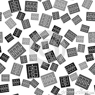 Black Evacuation plan icon isolated seamless pattern on white background. Fire escape plan. Vector Stock Photo
