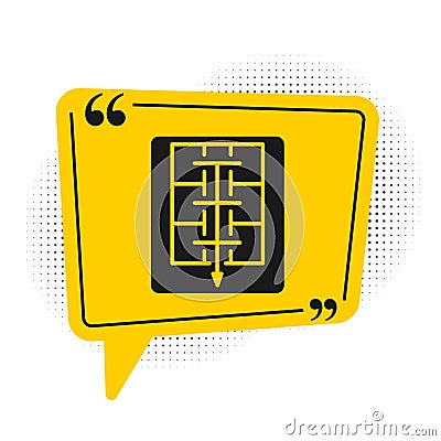 Black Evacuation plan icon isolated on white background. Fire escape plan. Yellow speech bubble symbol. Vector Stock Photo