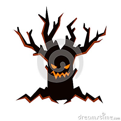 Black evil tree with scary smiling face, fire inside and bare branches. Halloween character in flat style Vector Illustration