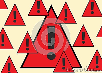 Black exclamation mark bright red triangular warning signs overlapping light beige backdrop Cartoon Illustration