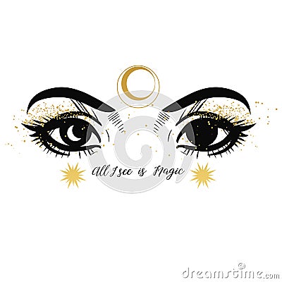 Beautiful eyes with make up in boho style. Vector hand drawn illustration Vector Illustration