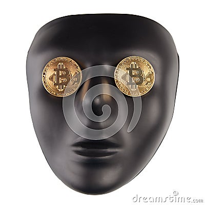 Black face mask with golden bitcoins placed on eyes isolated on white. Anonymity and cryptocurrency concept. Stock Photo
