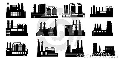 Black factories. Buildings silhouettes with pipes. Industry production and power plants. Chemical equipment and Vector Illustration