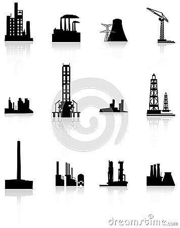 Black factory icons set. Vector Illustration