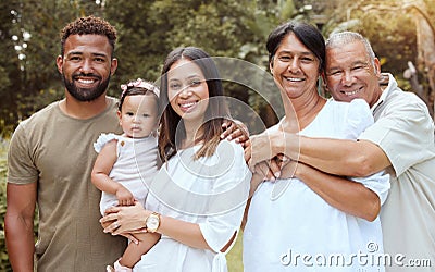 Black family, happy and hug with people bonding in nature spending quality time together. Portrait of a mama, baby and Stock Photo