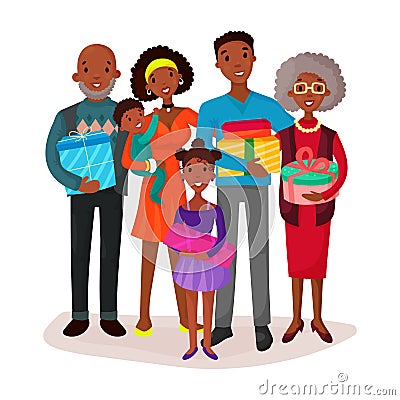 Black family holding children and gifts or present Vector Illustration