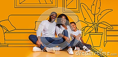 Black Family Hugging Near Wall With Drawn Living Room Interior Stock Photo