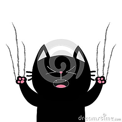 Black fat cat nail claw scratch glass. Screaming kitten. Cute cartoon funny character. Excoriation track line shape. Baby pet coll Vector Illustration