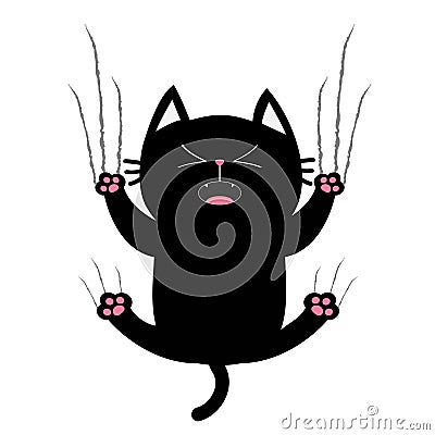 Black fat cat nail claw scratch glass. Screaming kitten. Cute cartoon funny character falling down. Excoriation track line shape. Vector Illustration