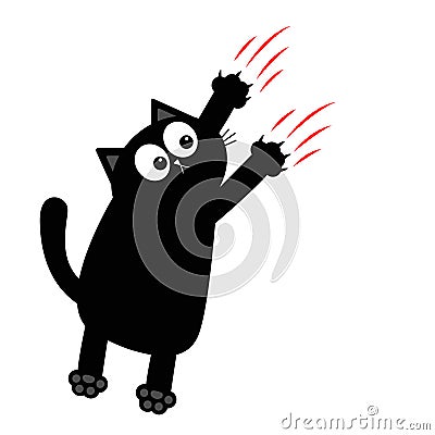 Black fat cat nail claw scratch glass. Standing scratching kitten claw. Cute cartoon funny character falling down. Excoriation Vector Illustration