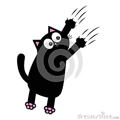 Black fat cat nail claw scratch glass. Standing scratching kitten claw. Cute cartoon funny character. Pink paw print. Excoriation Vector Illustration