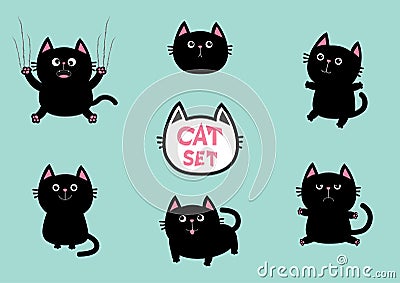 Black fat cat set. Cute cartoon screaming funny character head. Nail claw scratch, sitting, smiling. Excoriation track line. Vector Illustration