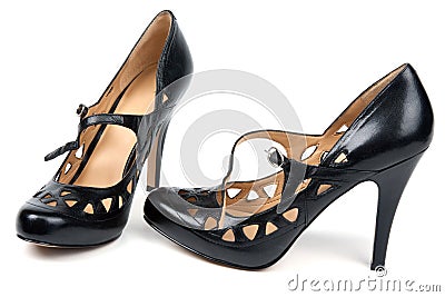 Black feminine loafers on high heel Stock Photo