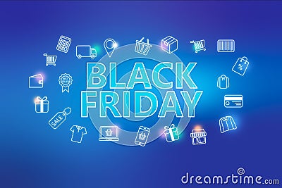 Black friday - ecommerce web banner on blue background. Various shopping icons Stock Photo
