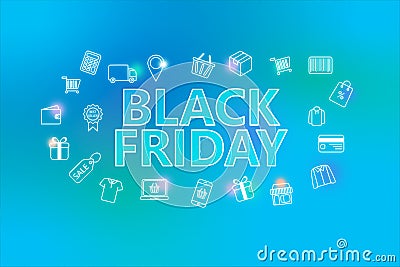 Black friday - ecommerce web banner on blue background. Various shopping icons Stock Photo