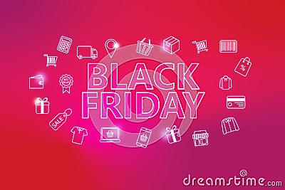 Black friday - ecommerce web banner on crimson background. Various shopping icons Stock Photo