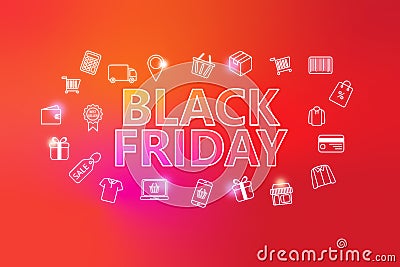 Black friday - ecommerce web banner on red background. Various shopping icons Stock Photo