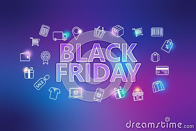 Black friday - ecommerce web banner on violet background. Various shopping icons Stock Photo