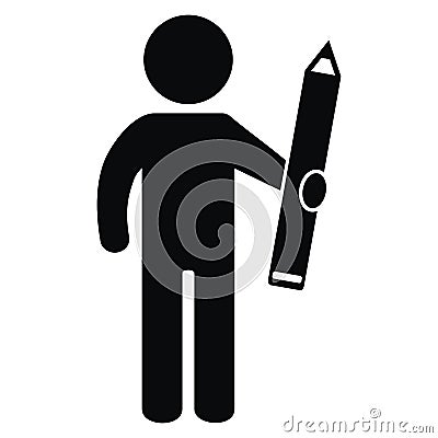 Black figure with pen, vector web icon, silhouette of man with crayon Vector Illustration