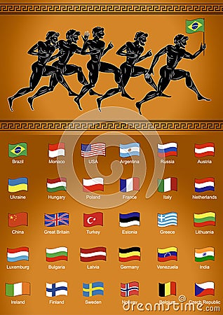 Black-figured runners with the flag. Set of flags. Illustration in the ancient Greek style. The concept of the Sport Games Vector Illustration