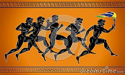 Black-figured runners with the torch in the colors of the Brazilian flag. Illustration in the ancient Greek style. Vector Illustration