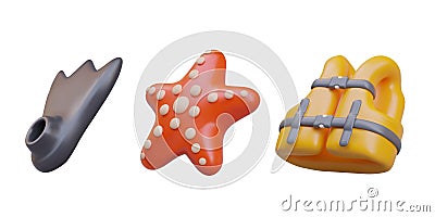 Black fin, red starfish, yellow life jacket. Concept of diving under water Vector Illustration