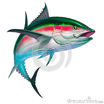 Black fin tuna. Realistic isolated illustration. Cartoon Illustration