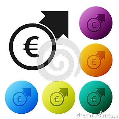Black Financial growth and euro coin icon isolated on white background. Increasing revenue. Set icons in color circle Stock Photo