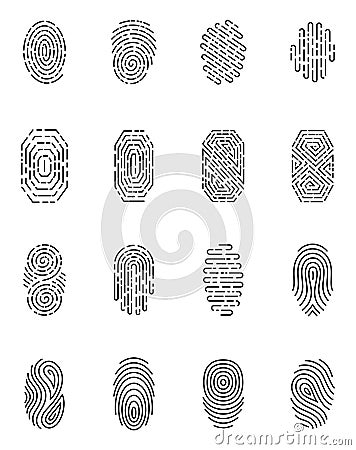 Black finger print set isolated on white background. Elements of identification systems, security conception, apps icons Vector Illustration