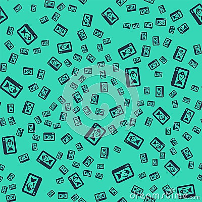 Black Fish finder echo sounder icon isolated seamless pattern on green background. Electronic equipment for fishing Vector Illustration