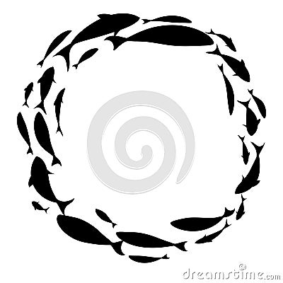 Black fish wreath. Circle school of fish. Vector Illustration