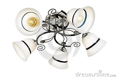 Black five-lamp chandelier with chrome base and white matt shades with a black transverse stripe Stock Photo