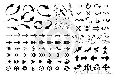 Black flat arrows and direction pointers in different styles. Big vector set Vector Illustration